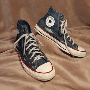 CONVERSE "Chuck Taylor All Star" Distressed Denim High Top Sneakers - Size 7.5